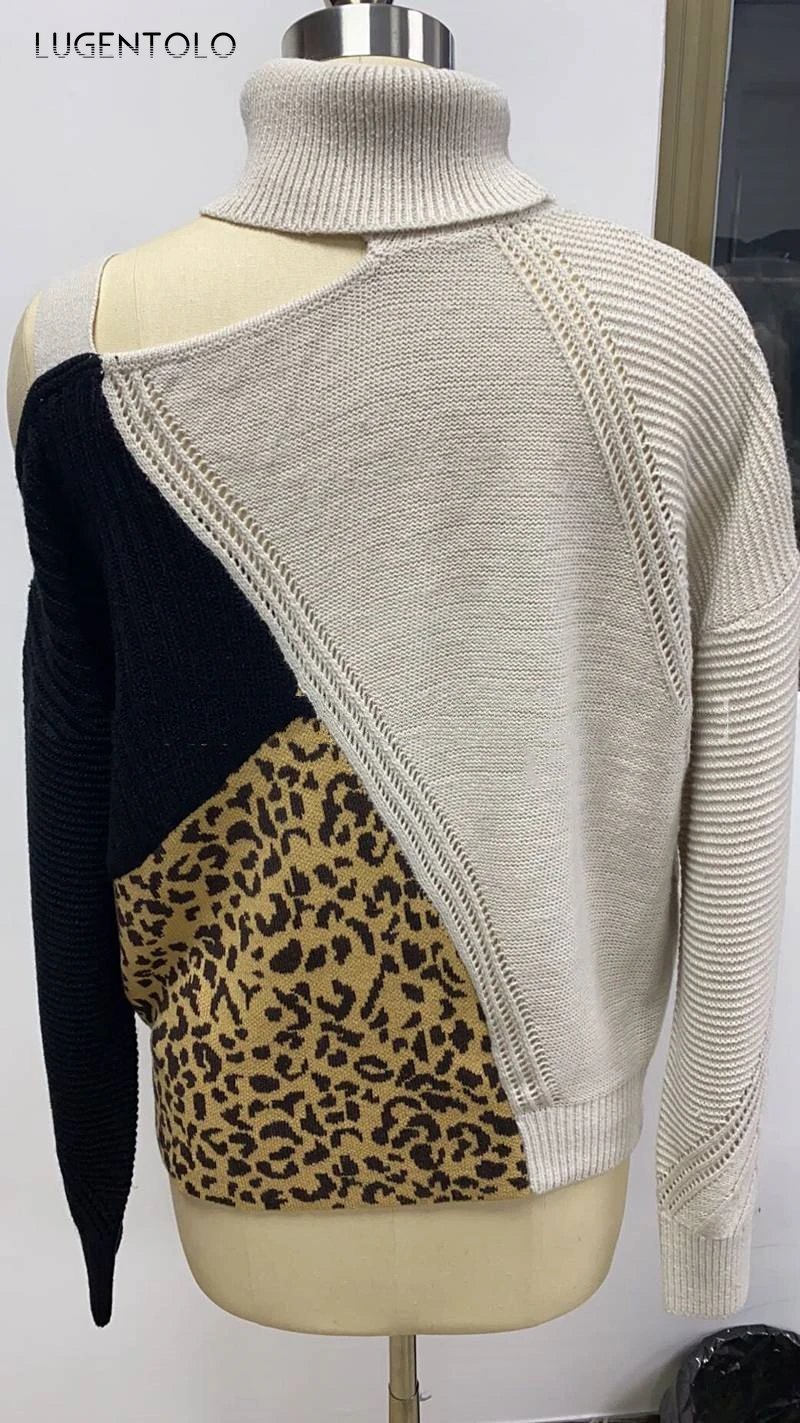 

Turtleneck Sweater Women Knitted Fashion Leopard Print Patchwork Strapless Pullover Long Sleeves Spring Autumn New Lugentolo