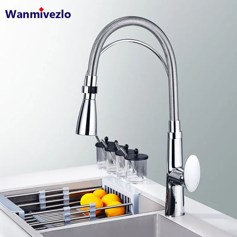 Chrome Spring Kitchen Faucet Pull out Side Sprayer Dual Spout Tap Deck Mounted Mixer Cold Hot Water Mixertap | Обустройство дома