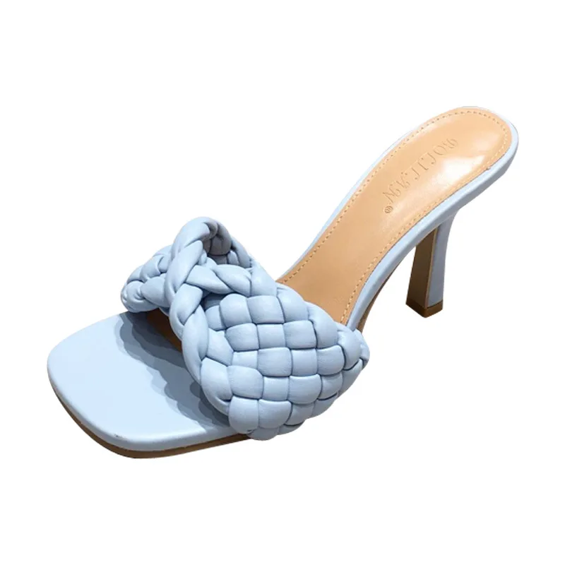 

2021 summer new fashion woven high heel women's shoes Square Head versatile thin heel sandals 42