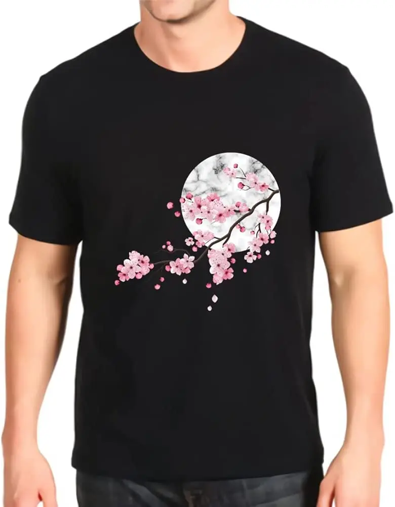 

New Printed T-shirt Sakura Cherry Blossom Japans Favorite Flower Poly Short-sleeved Fashion Loose Top Mens