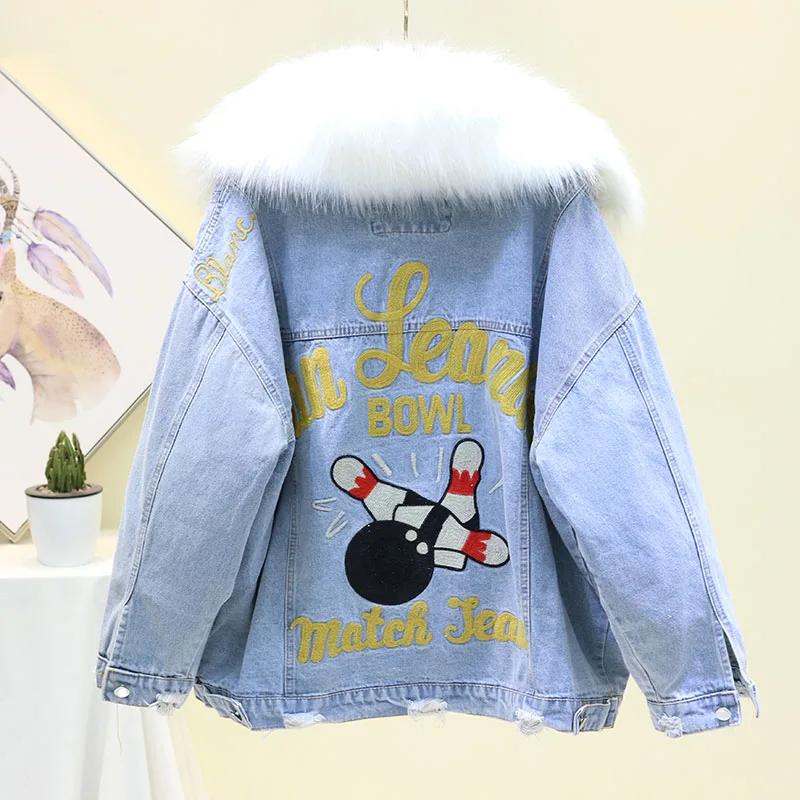 Зимняя джинсовая куртка с вышивкой Женская подкладка из овечьей шерсти + большой