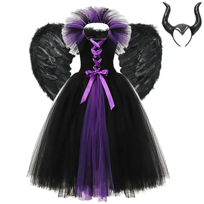 

New Halloween Costume For Kids Fancy Tutu Dress For Girls Black Devil Halloween Costume Maleficent Gown Dress With Feather Shawl