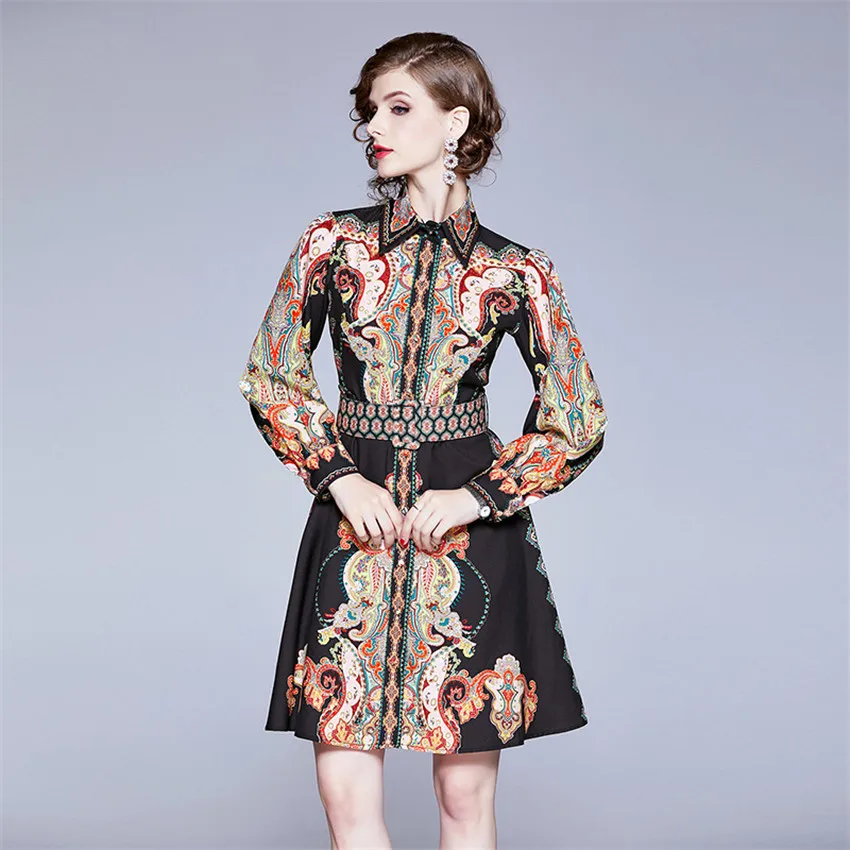 Фото Vintage Printed Shirt Dress Lantern Sleeve Designer Runway Dresses 2020 Women High Quality Luxury Spring Autumn Vestidos Женская Vintage Printed Shirt Dress Lantern Sleeve Designer Runway Dresses 2020 Women High Quality Luxury Spring Autumn Vestidos Женская