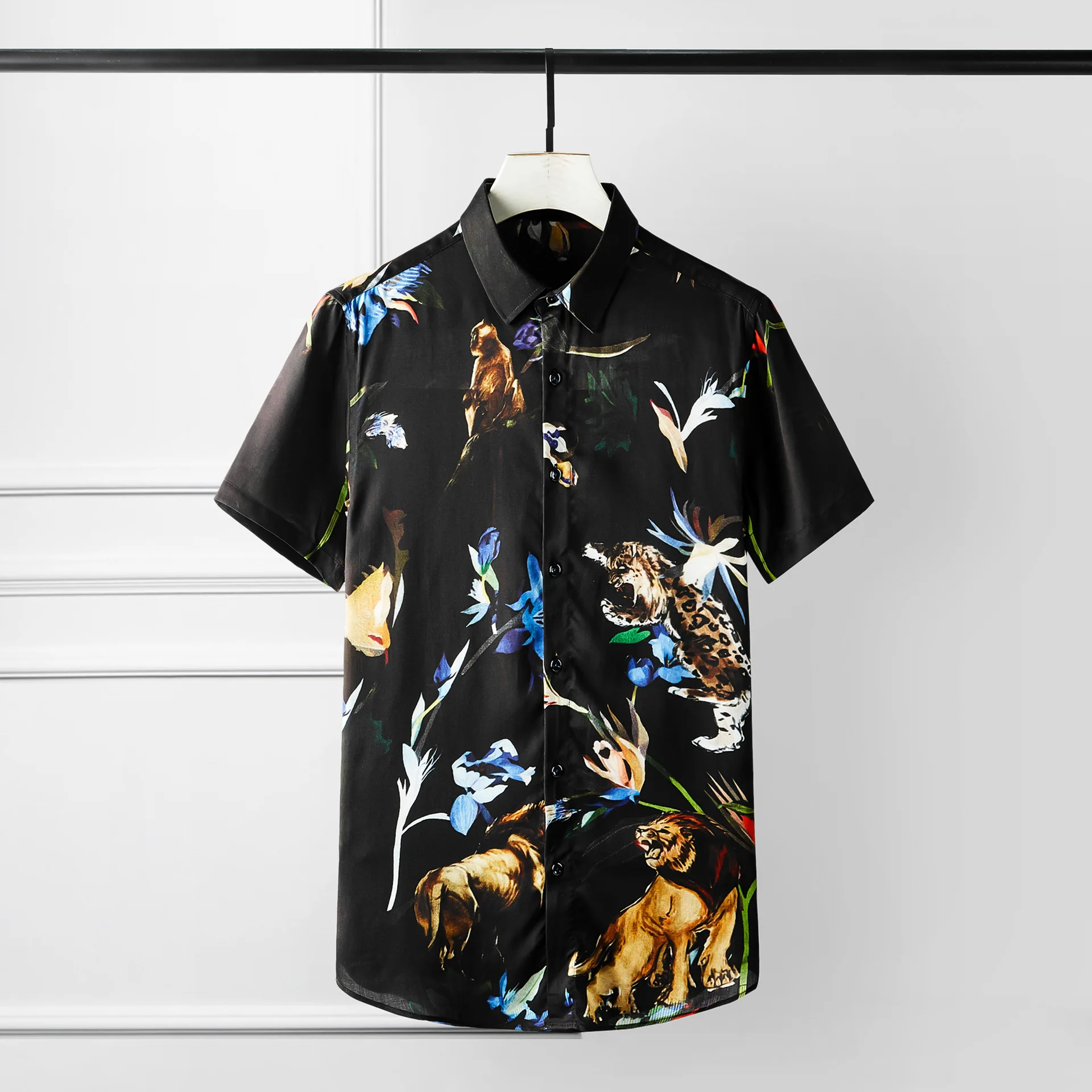 

Luxury Men Shirt Bamboo Fiber Short Sleeve Lion Digital Allover Printing Cotton Mens Dress Shirts Black White