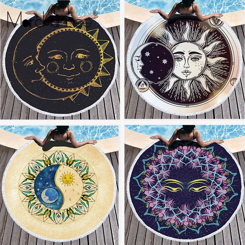 Большое Круглое Солнце Луна пляжное полотенце Таро индийская Мандала для душа