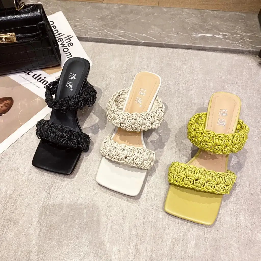 

Summer shoes Woman Slippers High Heels Casual Pumps Female Sexy Elegant Open Toe Pleated Cross Mules chaussure femme