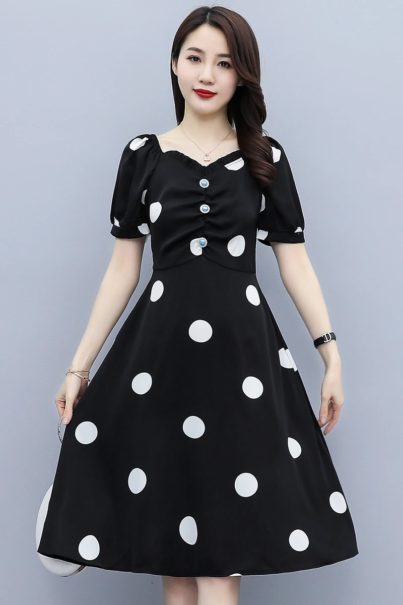 

COIGARSAM 5XL Plus Size Fashion Polka Dot Women one-piece dress korean Summer Puff Sleeve Dresses 6375