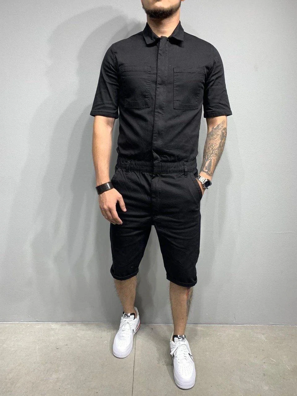 

Men's zipe Jumpsuits One-piece Overalls Men Pure Color Jumpsuit Short Sleeve Male Clothes Tooling style Overalls Pure Color