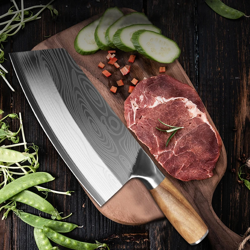 

Traditional Handmade Forged Kitchen Knife Hammer Stainless Steel Chinese Chef Knife Chopper Cooking Knives Wooden Meat Slicer
