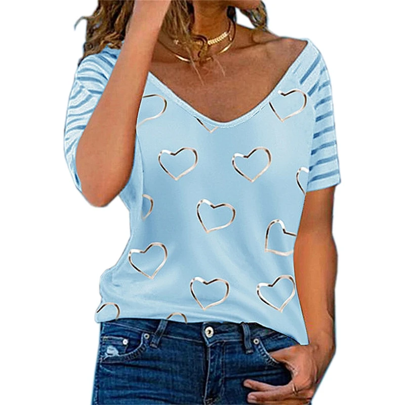 

Women Striped Raglan Short Sleeve T Shirts Round Neck Casual Loose Fit Pullover Tunic Top Sweet Love Heart Print Blouse