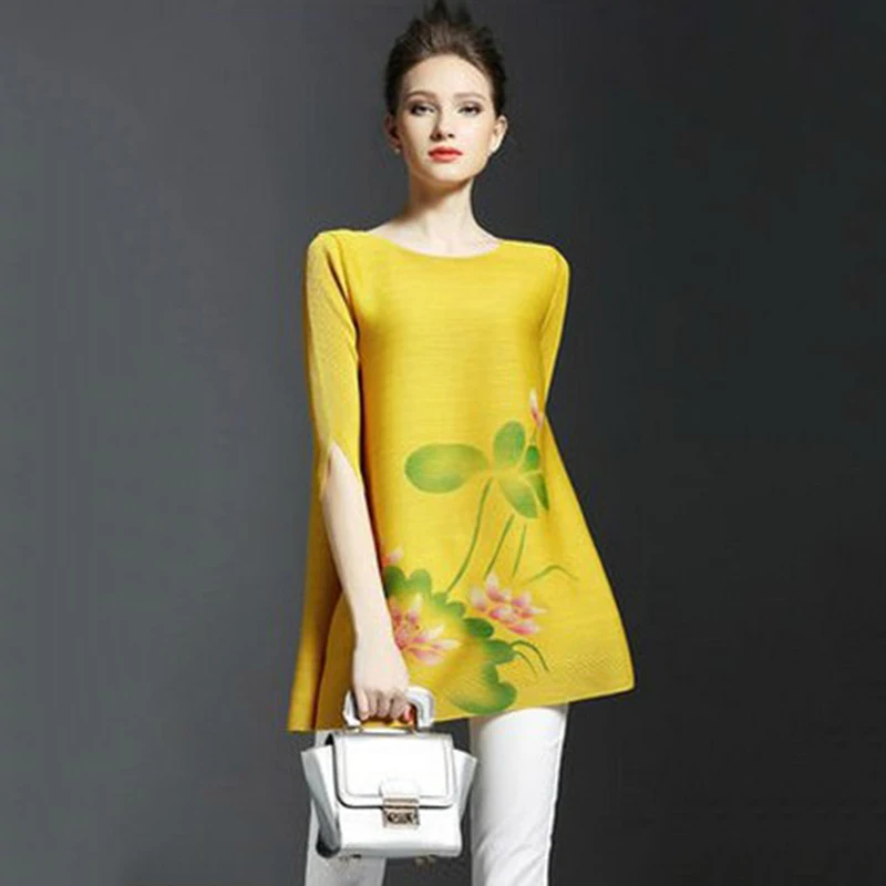 Женская плиссированная футболка со складками свободная Винтажная с цветочным