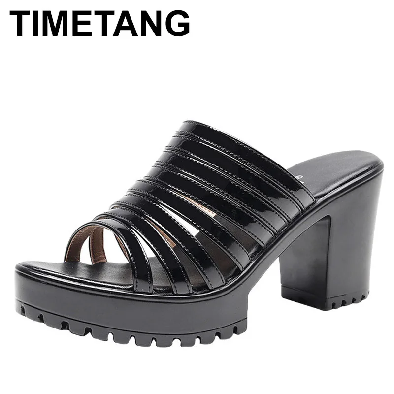 Шлепанцы женские из лакированной кожи, на квадратном каблуке, лето 2020