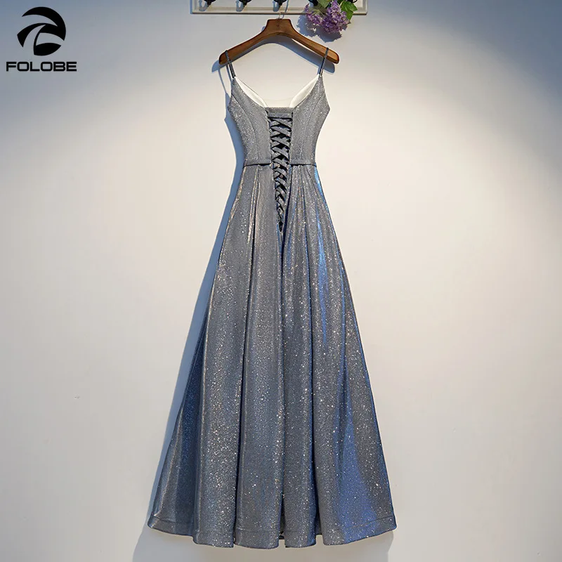 FOLOBE 2020 блестящие Длинные Серые Вечерние платья на тонких бретельках со шнуровкой