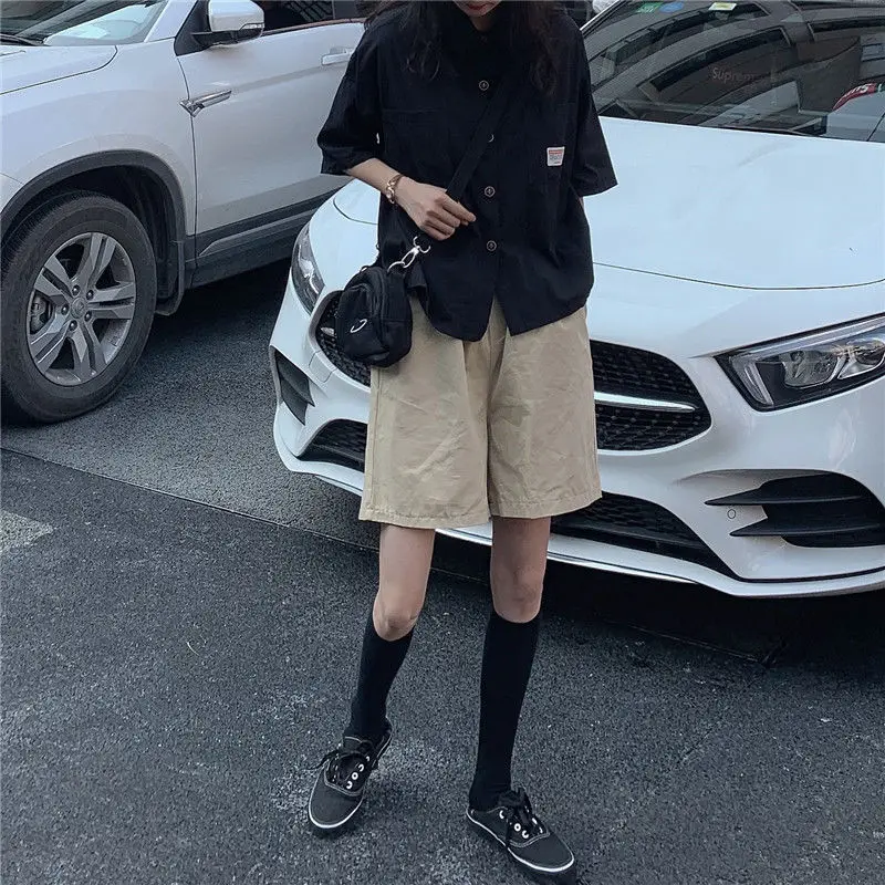 

Women Shirts Summer Solid Half Sleeve Turn-down Collar Pockets Shirt Female All-match Vintage BF Streetwear Students Loose Chic