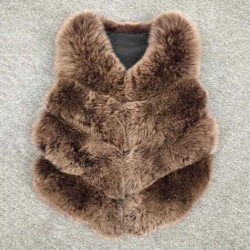 Coffee Frosted Jancoco Max 12 цветов Топ мягкий толстый натуральный Лисий мех жилет 4 ряда Женская Зимняя мода натуральный меховой жилет короткая куртка новинка S7164 - Цвет: Coffee Frosted