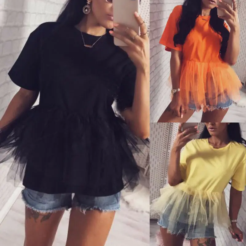 

Sexy Lace Ladies T-Shirt Women Summer Tulle Ruffle Short Sleeve T-Shirt Ladies Loose Casual O-Neck Solid T-Shirt Top Plus S-XL