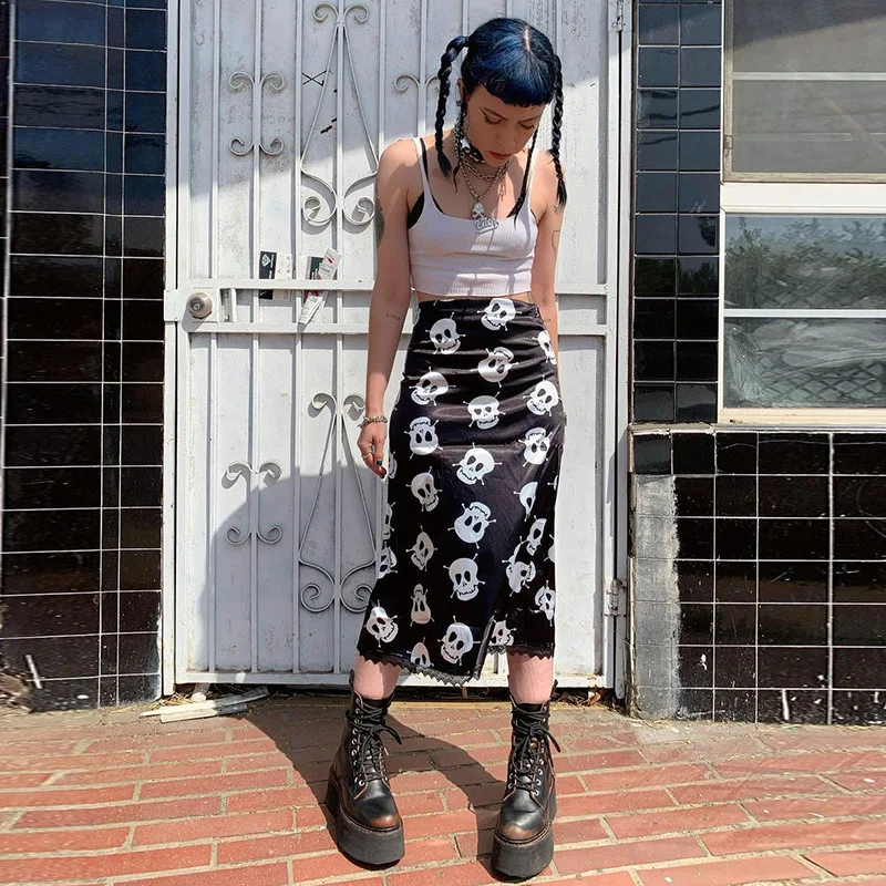 

Emo Mall Goth Punk Black Summer Midi Skirts Harajuku E-Girl High Waist Aesthetic Clothes Grunge Sexy Long Skirt For halloween