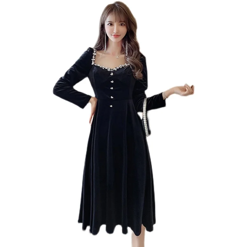 

COIGARSAM French Style Women one-piece dress korean Vintage Dresses Black 6993
