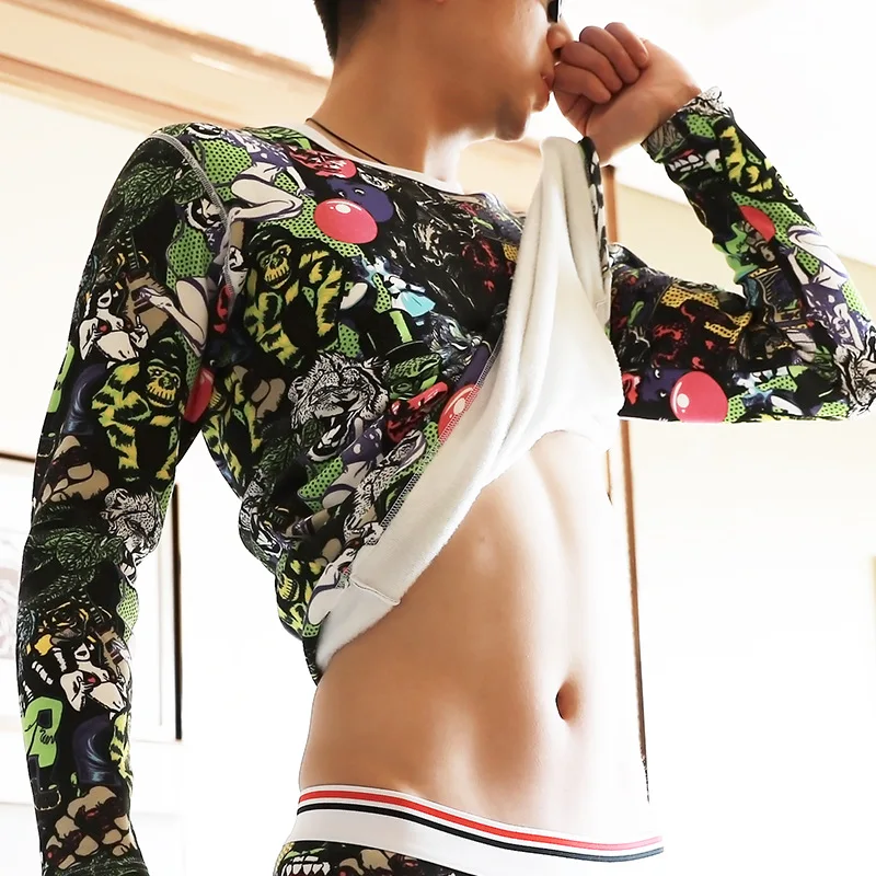 Мужское термобелье топы с плотным бархатным принтом компрессионное нижнее белье