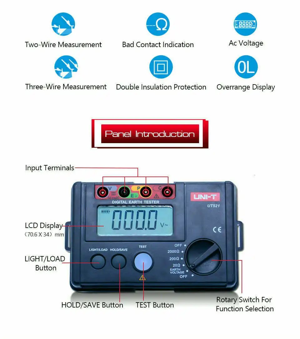 UNI-T UT521 цифровой земли Groud Тестер LCD подсветка Напряжение измеритель 0~ 200V переменного тока 0~ 2000ohm с ручной диапазон