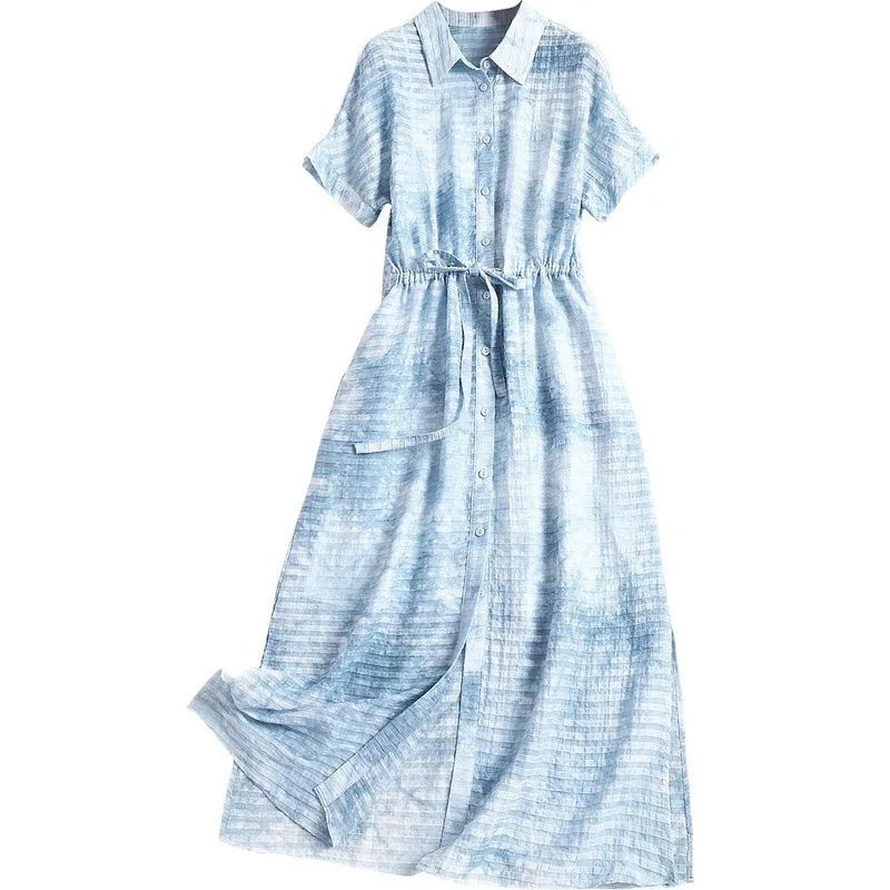 

2020 summer Single-breasted Womrn Midi Dress turn down collar short sleeve elastic waist ladies Slim female long dresses clothes