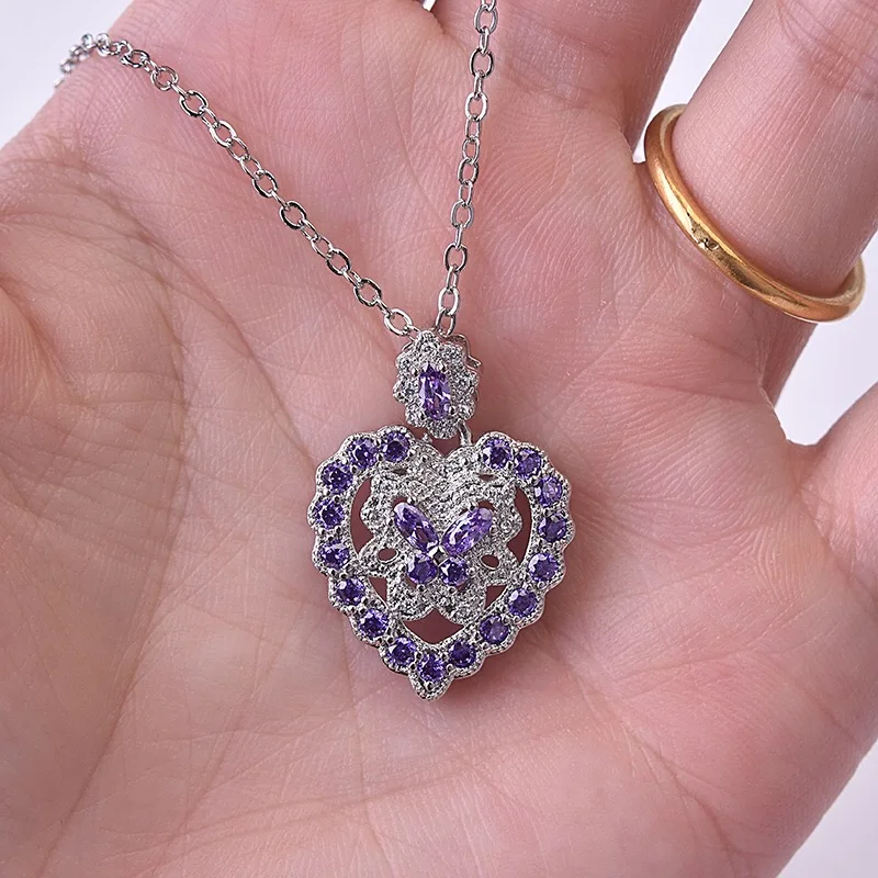 

Fine Jewelry Vintage Charm S925 Silvery Heart Pendant Necklace Inlay Purple Crystal Zircon Elegant Women Wedding Birthday Gifts