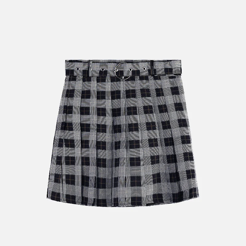 

Autumn Plaid Printed Pleated Women's Mini Skirt High Waist Zipper Belt Female Skirts 2021 New Vintage Simple Casual Lady Bottom