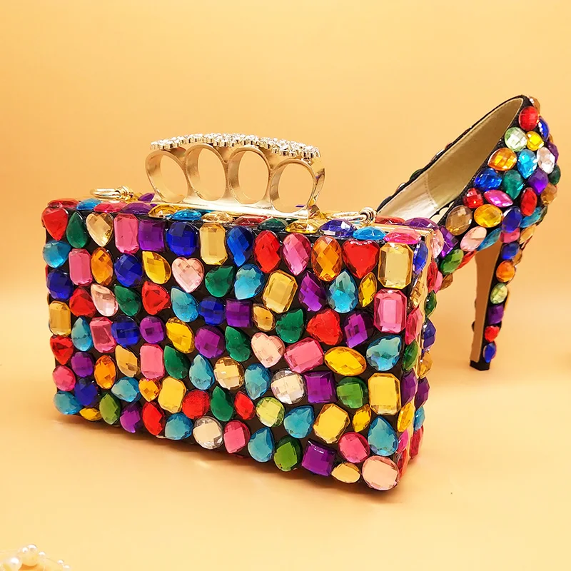 

Multicolor big cyrstal wedding shoes with matching bags woman Super High heels shoes women Pumps lady Party dress shoes big size
