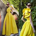 2021 желтый выпускное платье без рукавов с оборками Аппликация атласа пол Длина вечерние сбоку Разделение, сексуальное платье с открытой спиной, robes de Вечер