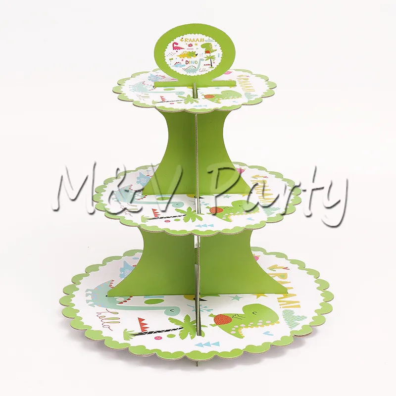 cake stand 3 слоя Зеленый мультфильм мотив динозавра вечерние бумажные торт стенд ребенок душ динозавр торт стенд украшения поставки - Цвет: cake stand