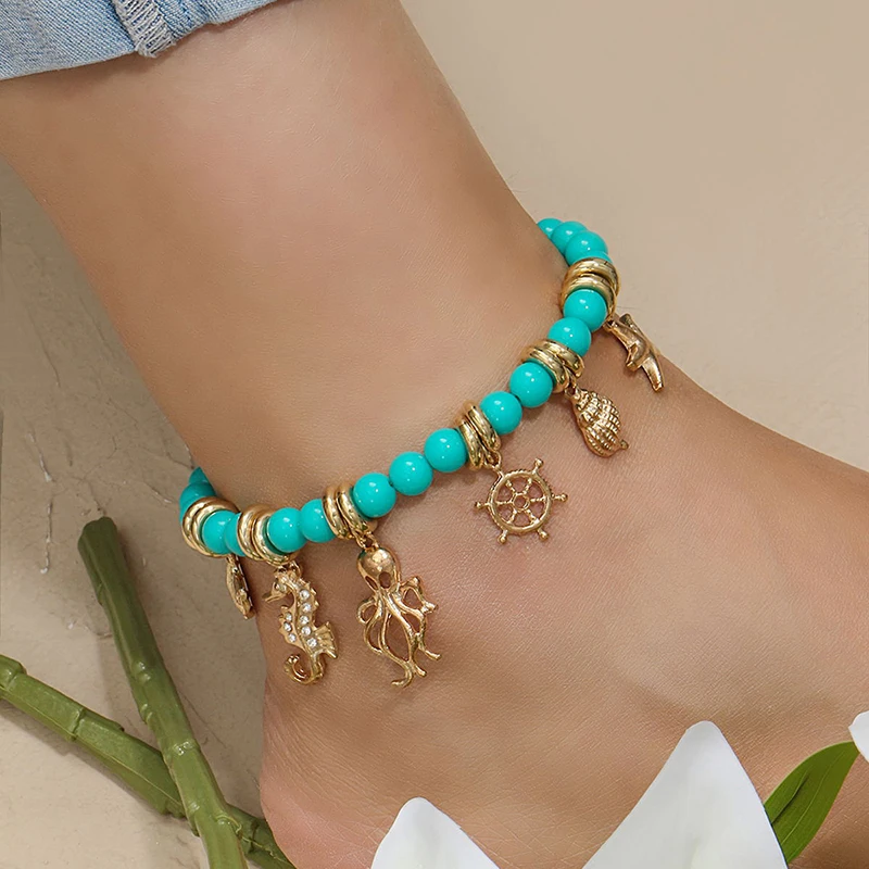 

Stainless steel feet jewellery anklet rice beads Bracelet on the leg alloy marine life pendant anklets for women