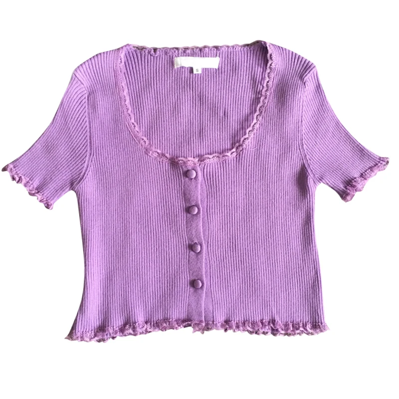 Женский ребристый укороченный Вязаный топ на пуговицах с кружевной отделкой