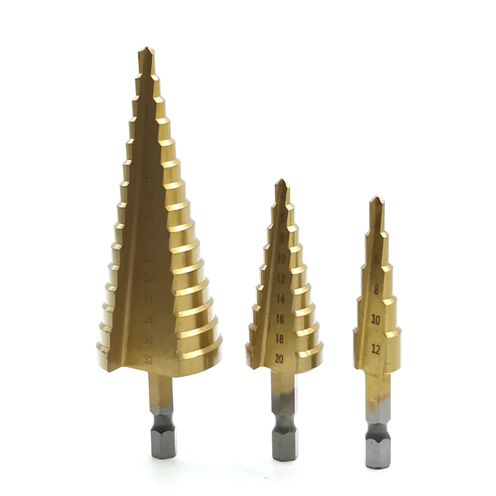 

3pcs Hss Step Cone Taper Drill Bit Cutter Set Hole Metric Titanium Coated Metal Hex Stepped Woodworking Drill Bits 4-12/20/32MM
