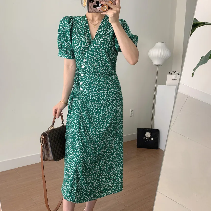 

Платье HziriP в Корейском стиле, элегантное приталенное платье с цветочным принтом, длинное летнее платье с коротким рукавом, 2021