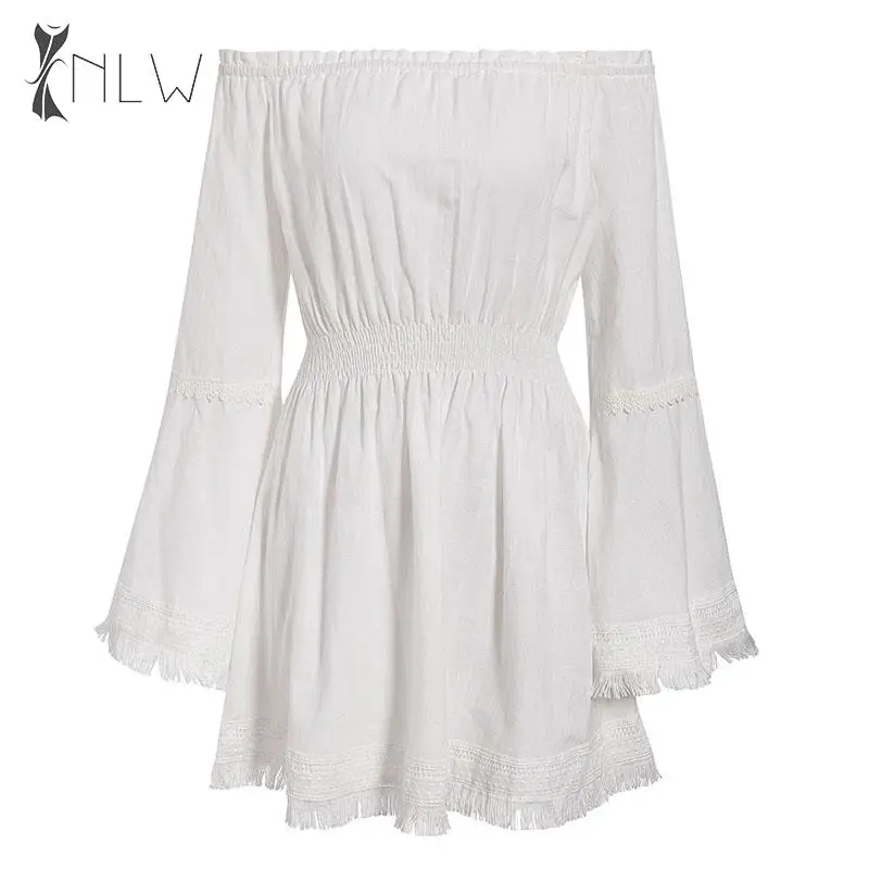 NLW белое кружевное платье с открытыми плечами 2019 женское осенне зимнее короткое