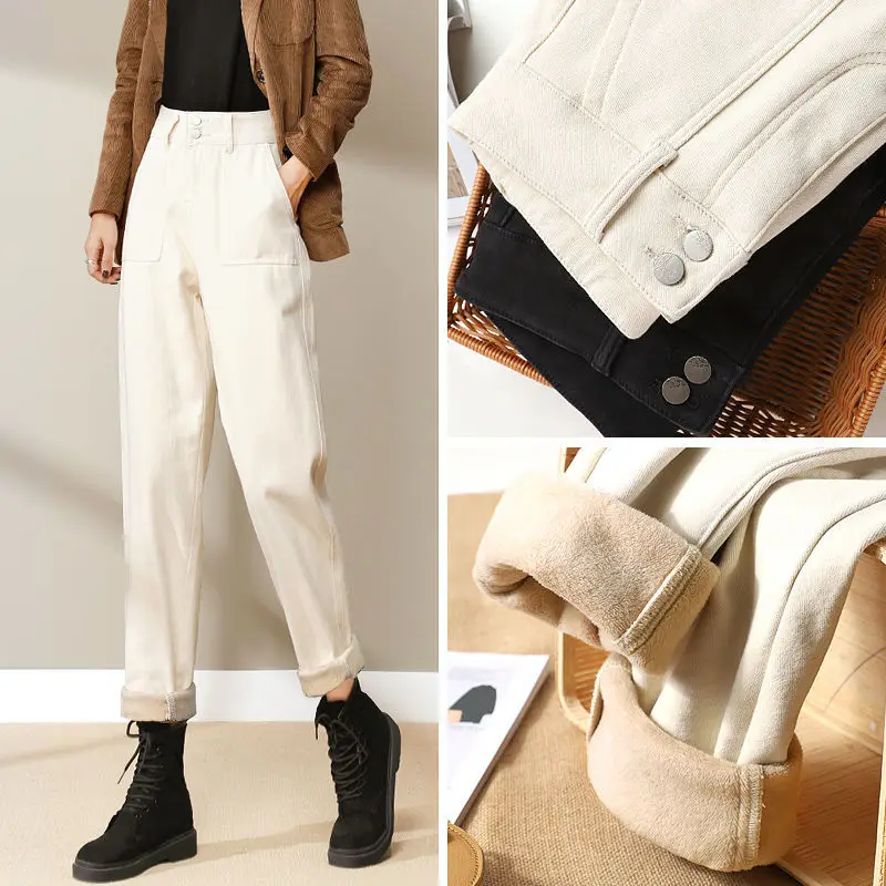 

Джинсы высокого качества, плотные женские модные эластичные шаровары с высокой талией, женские Теплые повседневные бархатные джинсы, женск...