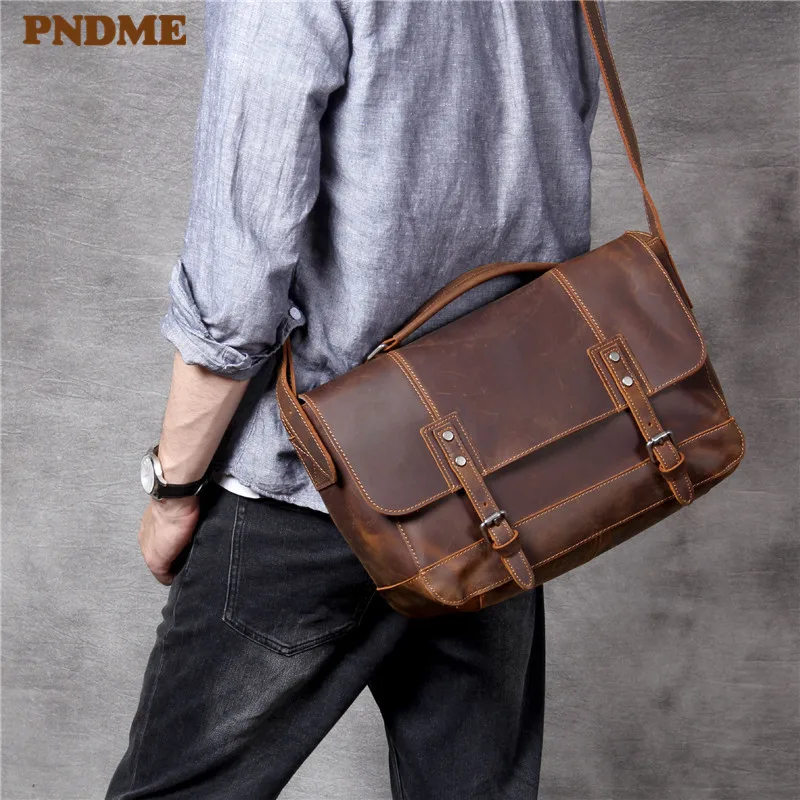 PNDME vintage natural crazy horse cowhide men's official document postage bag high quality genuine leather handbag work satchel