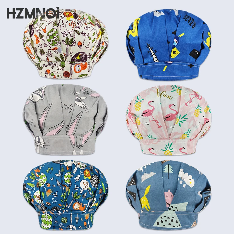 

2021 New Cotton Cartoon Print Nurse Doctor Surgical Cap Laboratory Pet Hospital Beauty Salon Scrub Cap Unisex Chef Work Cap