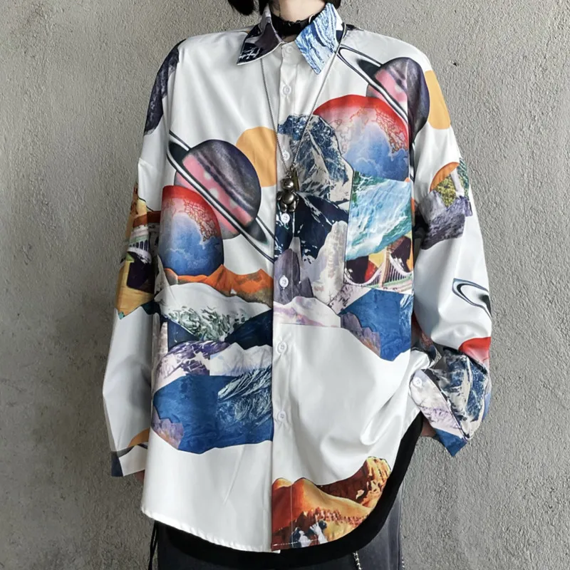 

Womens Mens Shirts Spring Autumn Irregular Retro Loose Lazy Wind Flavor Planet Doodle Blouses Korean Fashion Tops Tide 2021 New