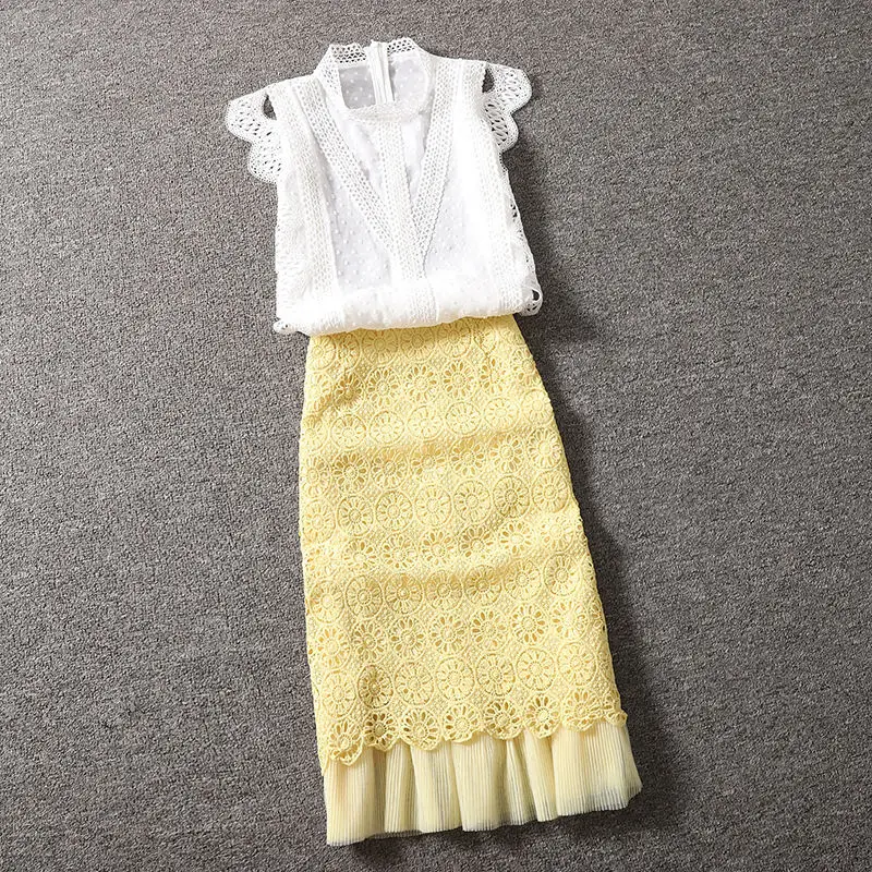 

Fashion 2 Pieces Lace Women Skirts Sets Summer New Slim Solid Hollow Out Blouse Knee-Length Office Lady Elegant Dress Suits