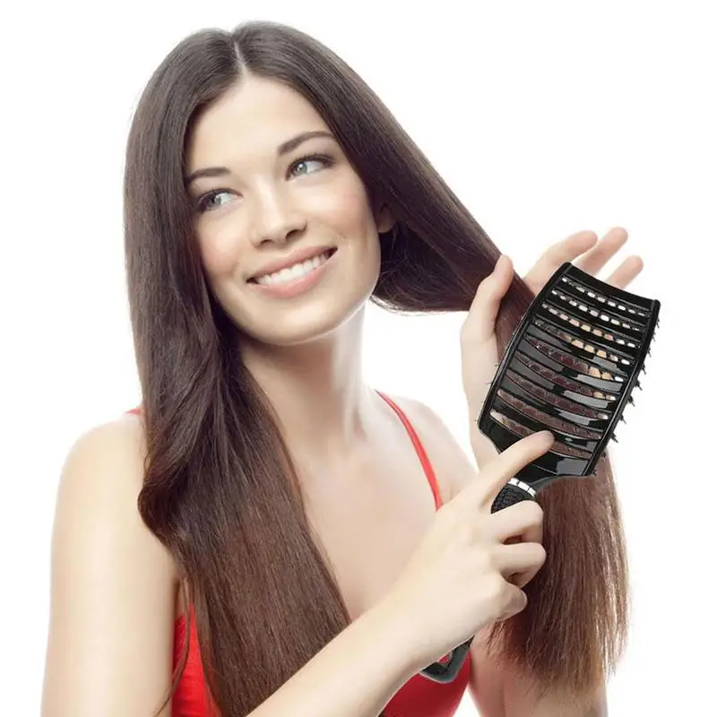 

Black Arch Bristle Hair Massage Comb Curved Fluffy Styling Comb Hairdressing Ribs Rubber Handle Comb
