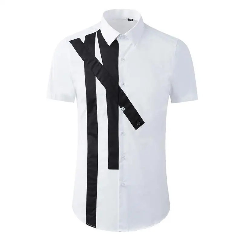 

Splicing High Patch Quality Short Sleeve Black White Casual Mens Dress Slim Fit Party Male Shirts 3XL