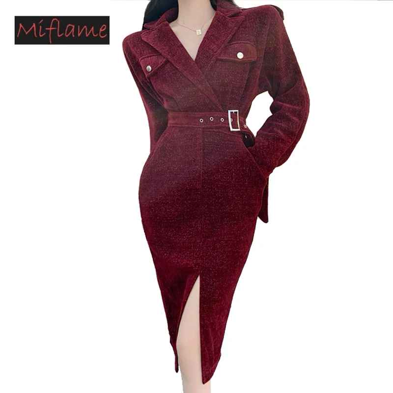 

2022 New Spring Velvet Designer High End Women Pure Color Ruffled Long Sleeve Pleated Split Belt Dress