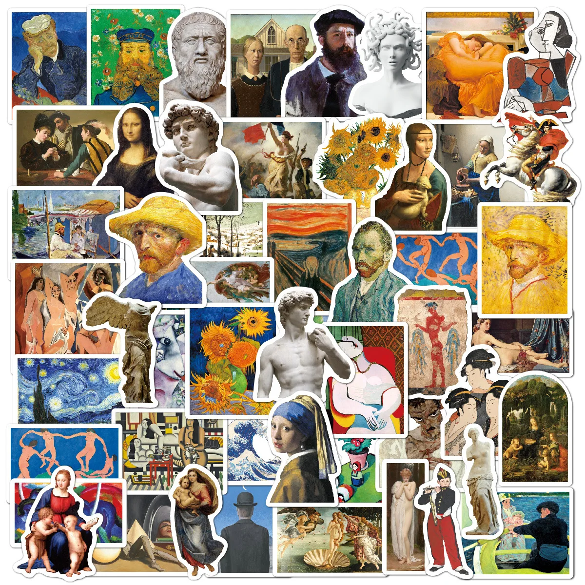 52 Piece Not Repeat Sticker Oil Painting Art Van Gogh Mona Lisa Stickers For Car Guitar Laptop Macbook Luggage Skateboard Decals