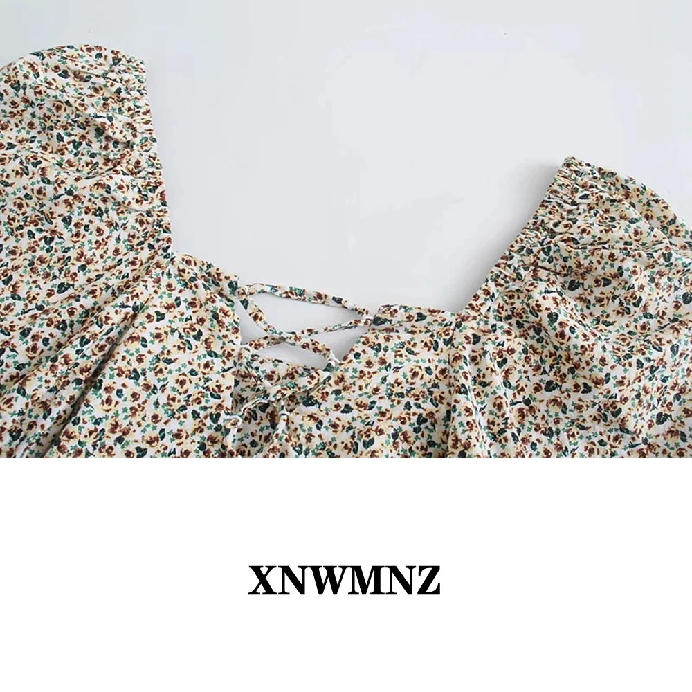 

XNWMNZ 2021 Women Blouse Floral Crop Top Woman Summer Crossed Tied Backless Sexy Top Elegant Short Puff Sleeve Fashion Blouses