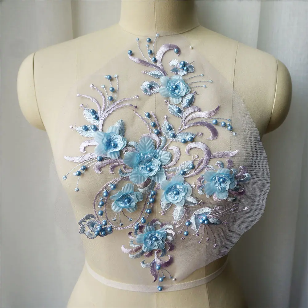 Розовые синие Бусины 3D Цветочная кружевная ткань вышитое платье Аппликации