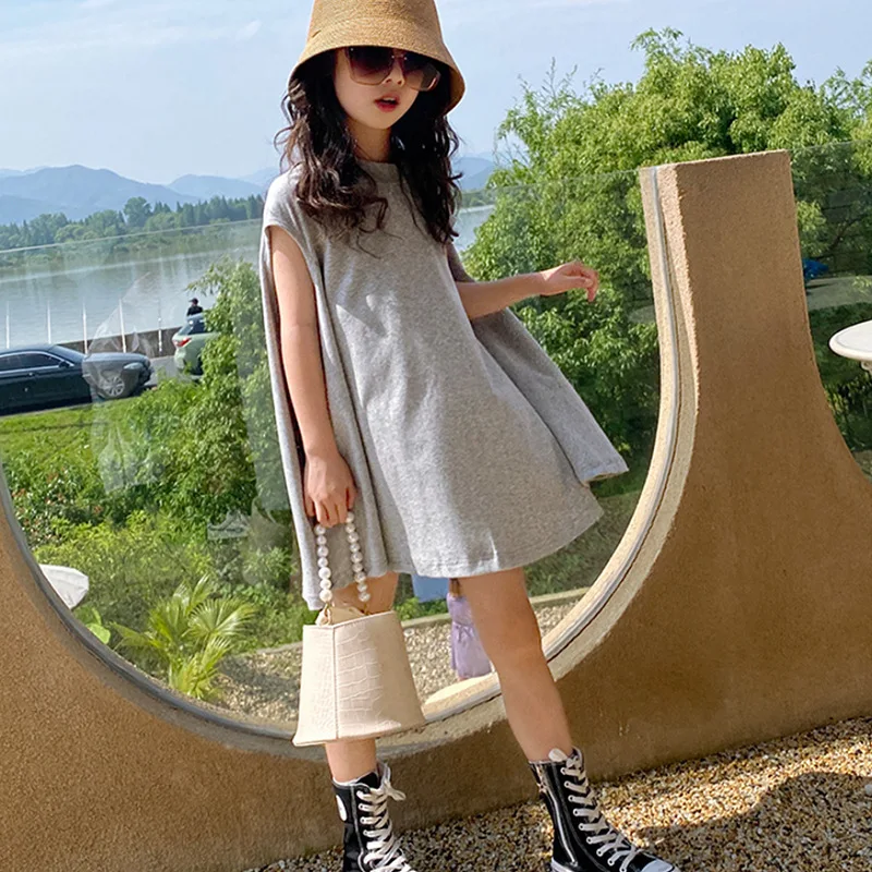 

Summer New Cloak Girl Simple Korean Loose Irregular Solid Color Long T-shirt Fashion Dress Toddler Kids Baby Clothes 2-7Y
