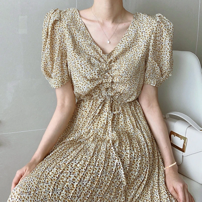 Южнокорейское шикарное винтажное плиссированное платье gong ting feng с v-образным