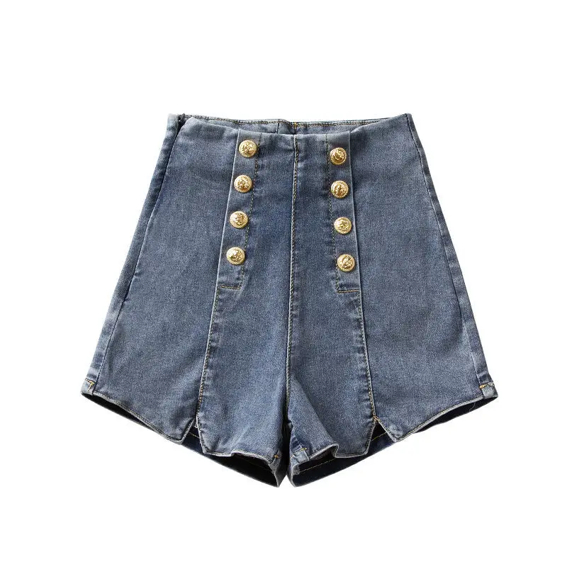 

2020 New Metal Double Breasted High Waist Thin Jeans Denim Shorts Fashion Korean Women's Elastic A-line Shorts
