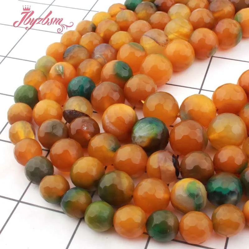 

10/12/14mm Round Bead Faceted Yellow&Green Agates Natural Stone Beads For DIY Necklace Bracelets Jewelry Making Strand 15"